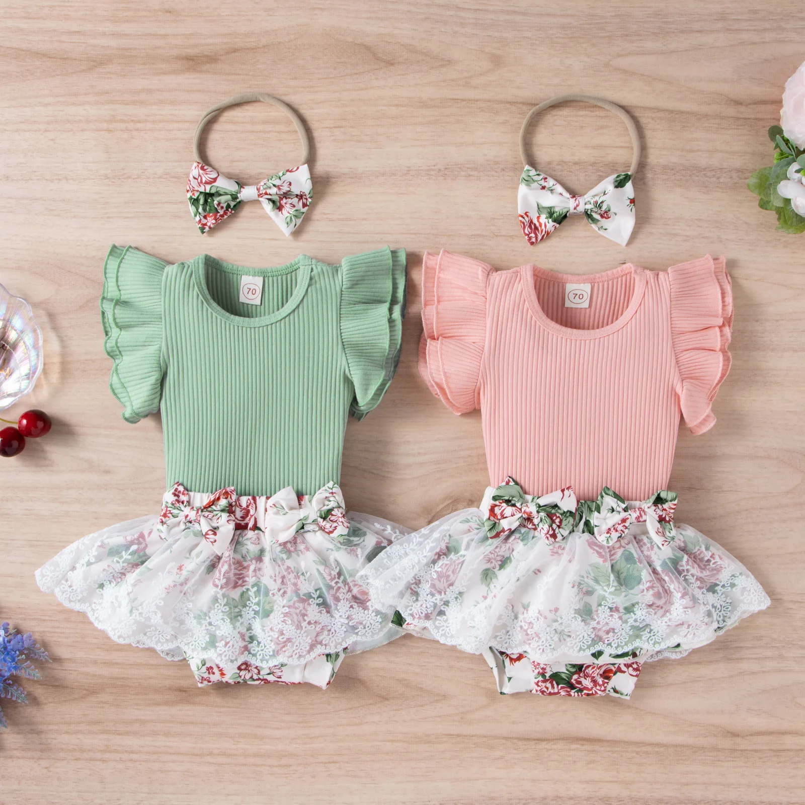 

Summer Newborn Infant Baby Girls Pit Stripe Flying Sleeve Romper+Floral Yarn Skirt +Headband Kids Fashion Baby Jumpsuit Clothing