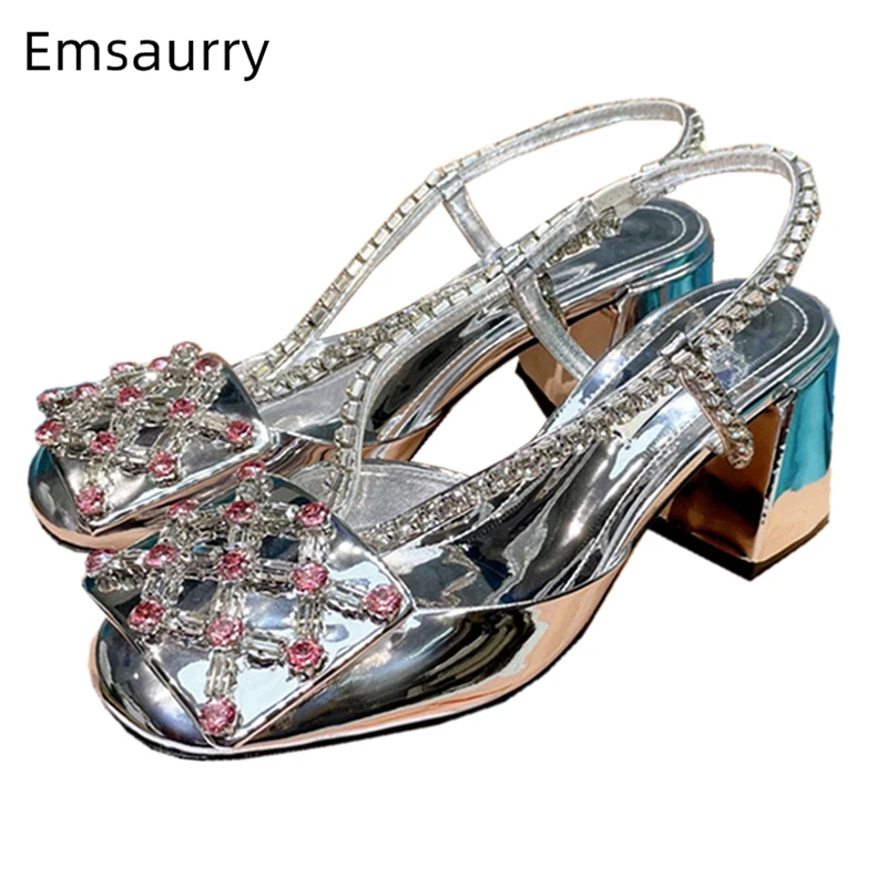 

Cross Rhinestone Embellished Sandals Women Luxury Patent Leather Cover Toes Med Heel Crystal Narrow Band Party Shoes Summer