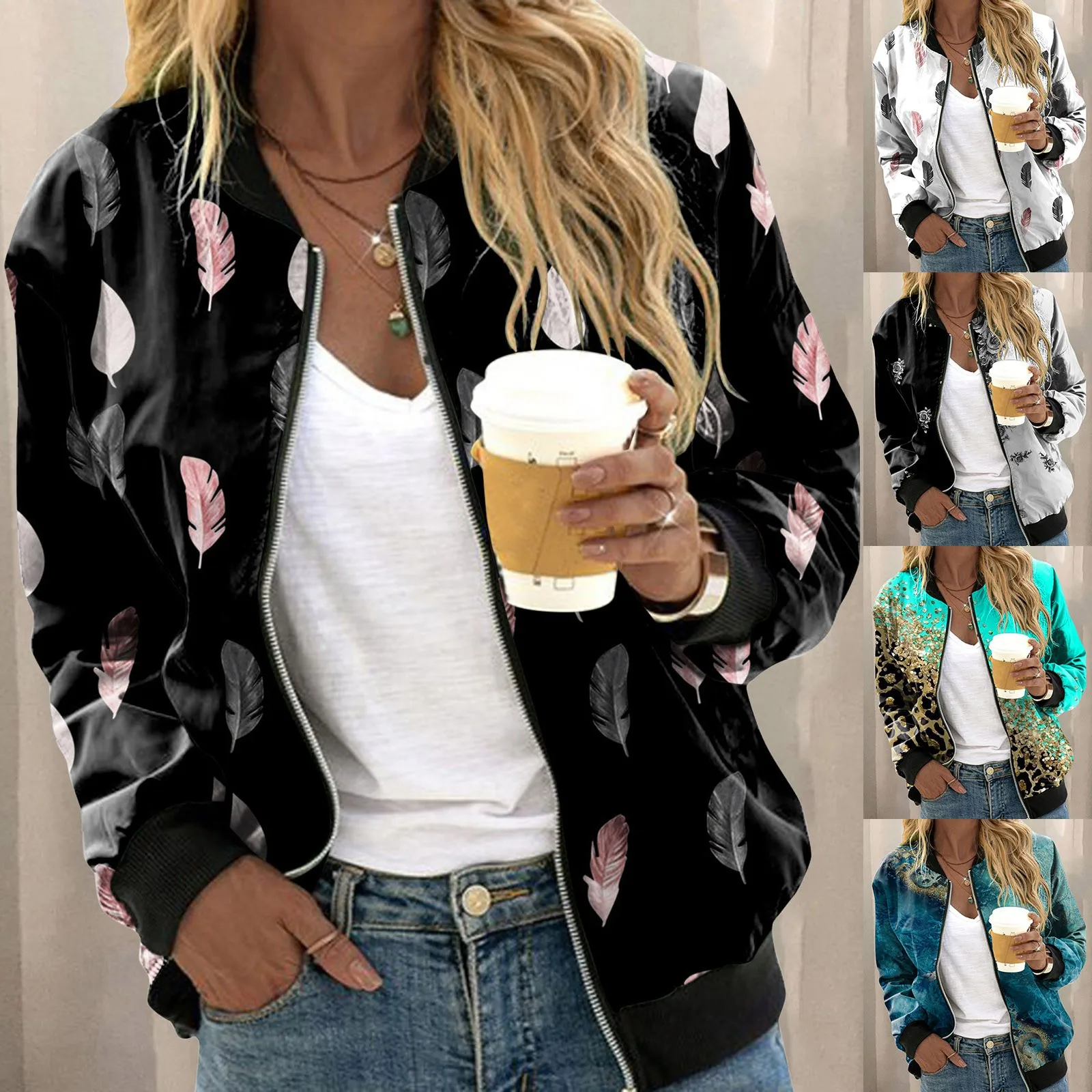 

Womens Casual Daily Jackets Lightweight Zip Up Casual Jacket Floral Print Coat Stand Collar Short Sports Outwear Zipper Tops