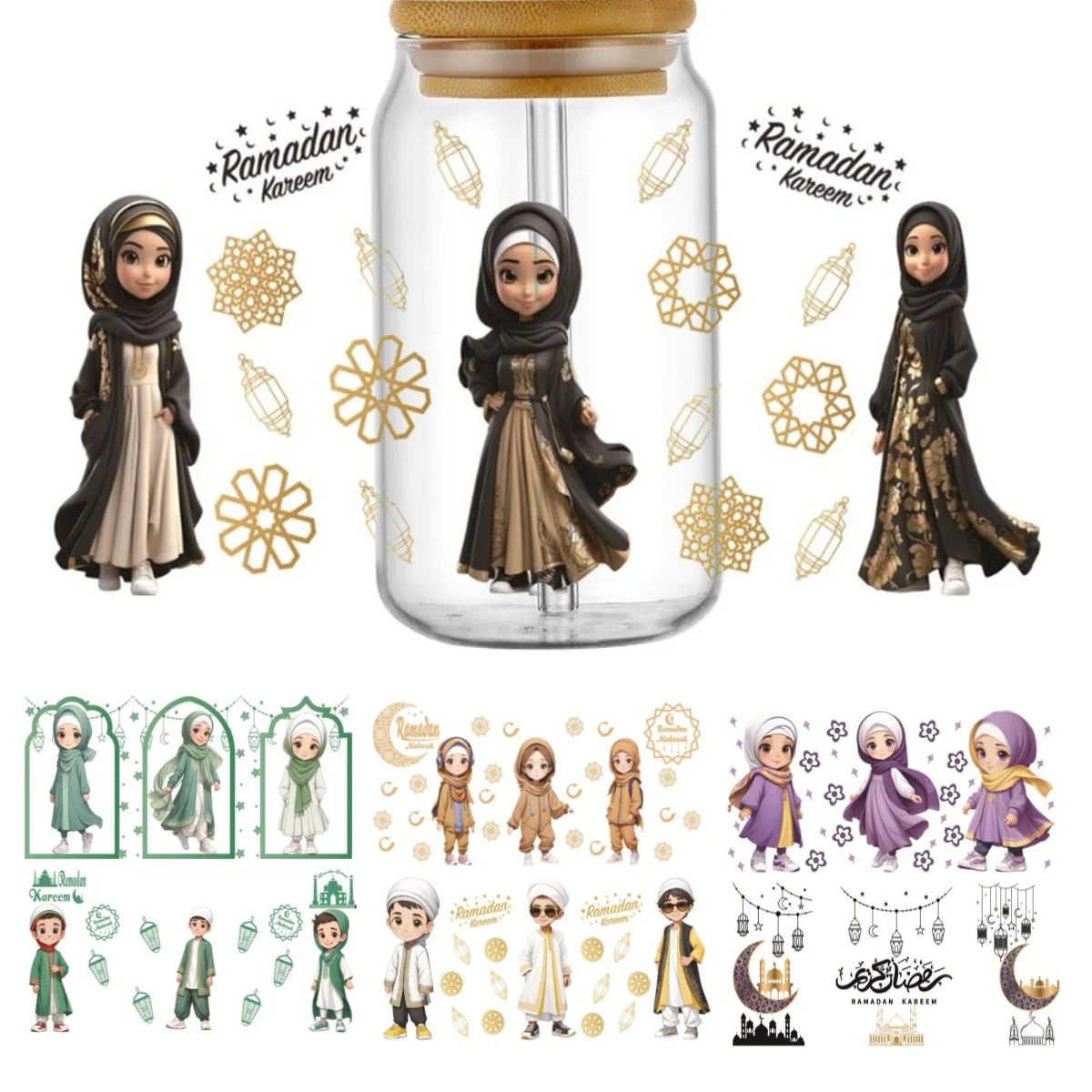 Muslims Cartoon Characters UV DTF Cup Wrap 3D Adhesive Clear Jar Bottle Stationery Washable Transfer Sticker 3d Stickers Cup Wraps Sticker Cups Uv Dtf Wrap Transfer