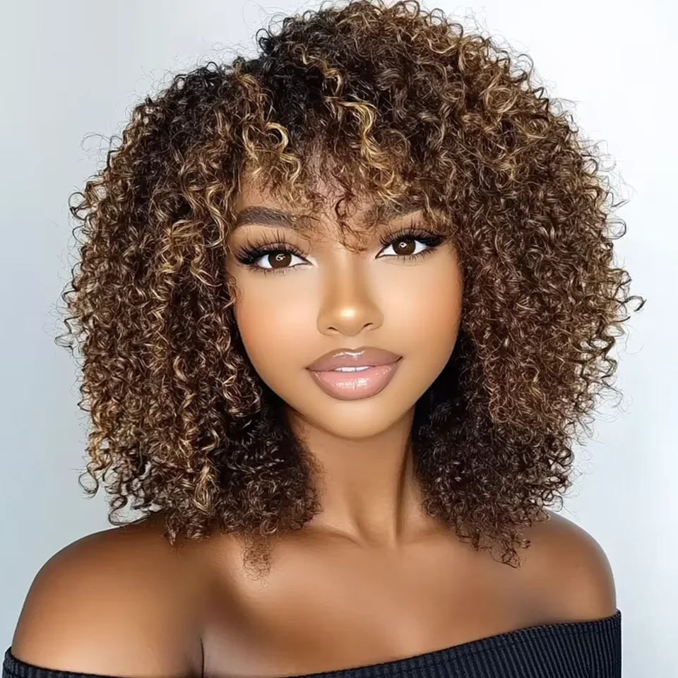 Parrucche di capelli umani ricci per donne, parrucche di capelli umani naturali ricci Jerry con frangia, taglio pixie riccio, parrucca interamente realizzata a macchina. - immagine 2
