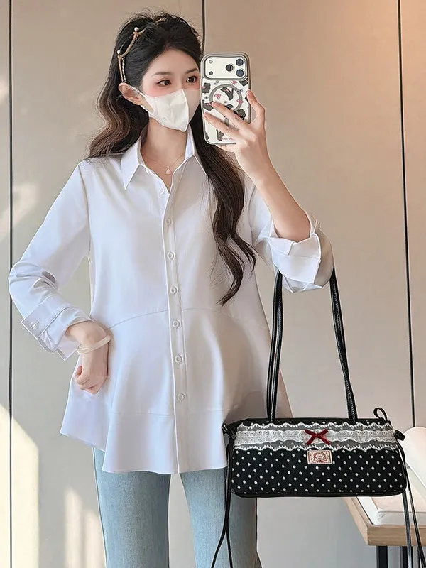출산 셔츠 세련된 슬리밍 배 커버 봄 여름 새로운 스타일 통근 캐주얼 긴팔 폴리에스테르 탑