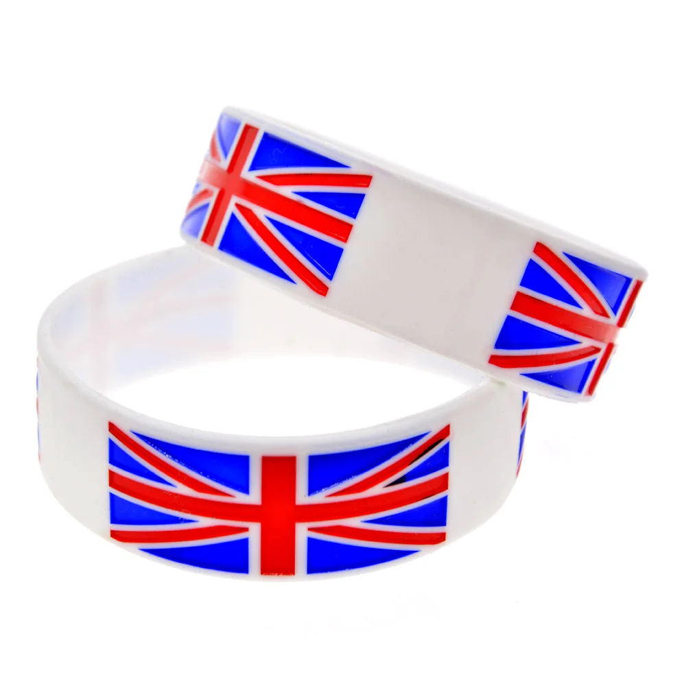 1 PC One Inch Wide British Flag Silicone Wristband Sport Rubber Bracelet White Bangle 2