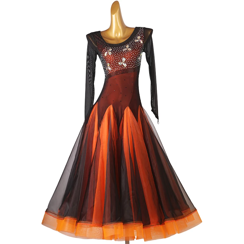 

Waltz Ballroom Competition Dress Foxtrot Costume Rhinestones Long Sleeves Dance Wear Ball Gowns Performance Clothes