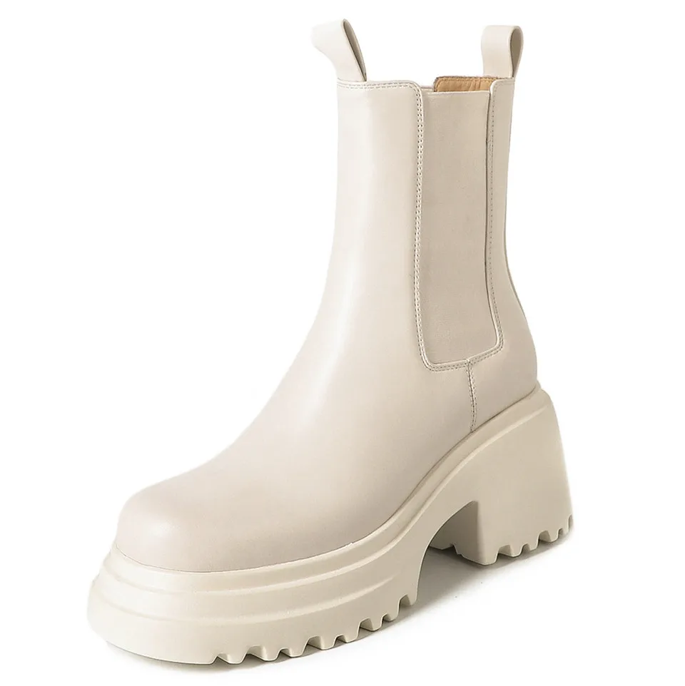 

black Beige 2023 New Genuine Leather Chelsea Boots Woman Round Toe Spring Ankle Boots Thick High Heels Modern Shoes
