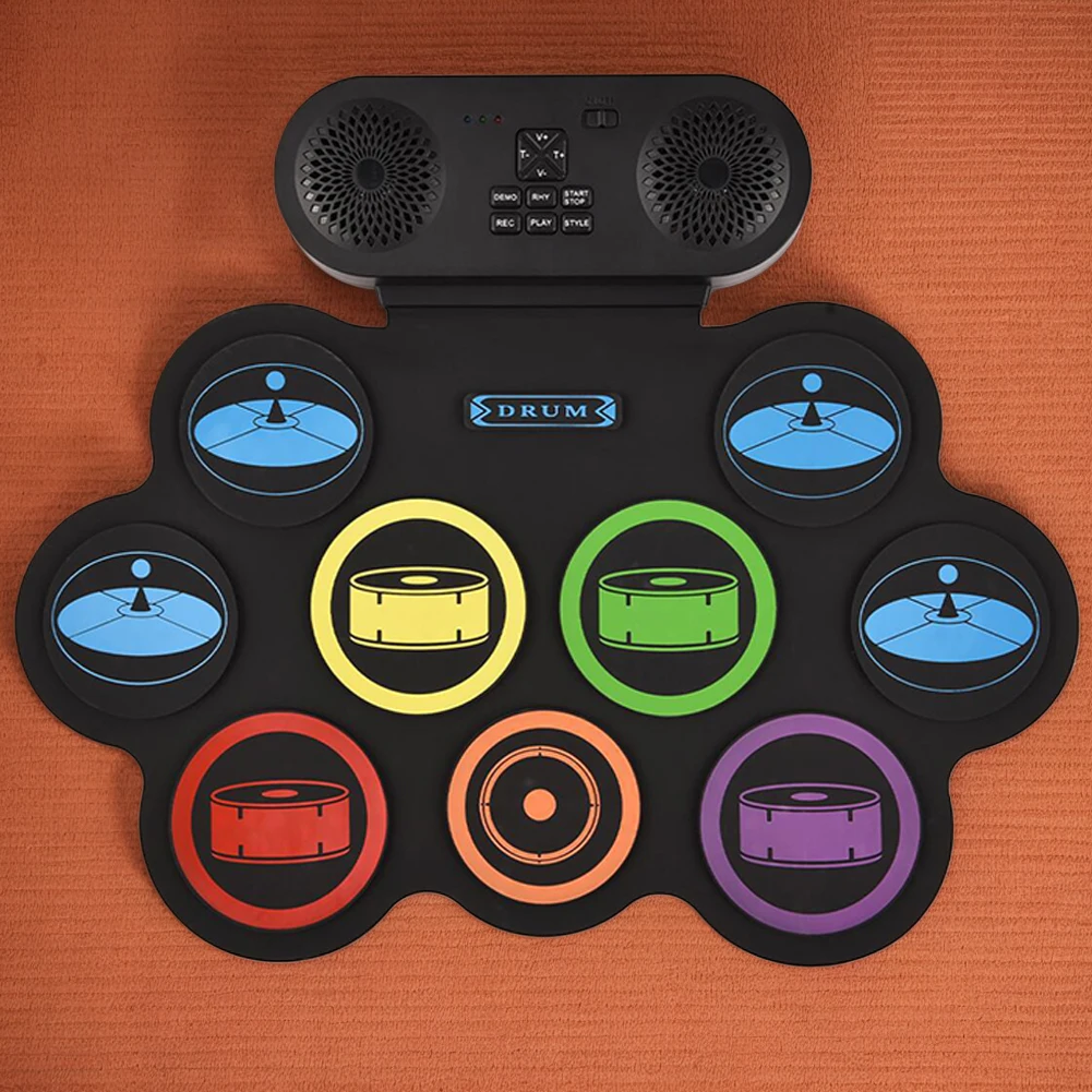 Portable Drum Pad Digital Electronic Drum Compact Size USB Foldable Silicon Drums Set 9 Pad Drums Digital Drum Kits with Drumsticks Foot Pedals
