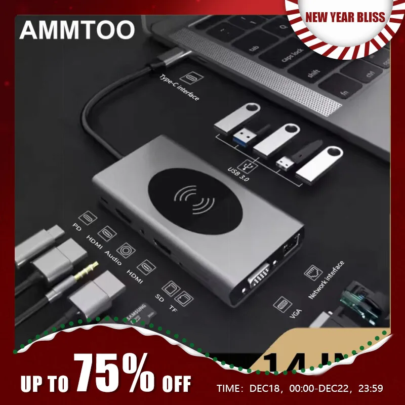 14 in 1 USB 타입 C HUB 무선 충전 USB 3.0 RJ45 PD에 HDMI 호환 어댑터 도킹 스테이션 맥북 프로 노트북 PC 용