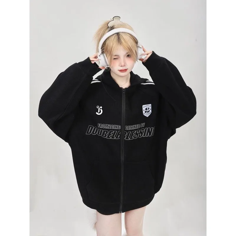 2024 New Spring Autumn Hooded Coat Student Women Casual Fashion Striped Comfortable Outwear Retro Oversize Jacket Large Size Top