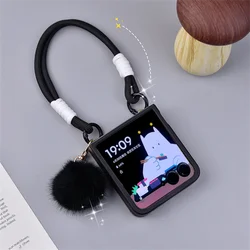 Korean Cute Solid Color Black Plush Ball Portable Rope Phone Case Back Cover for 60ultra(70ultra) (A)