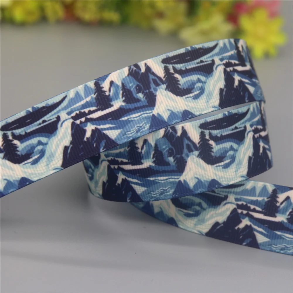 DUWES 50yards Forest Mountain Tree Printed Grosgrain Ribbon Accessories Material Headwear Decoration DIY Sewing Craft D2194
