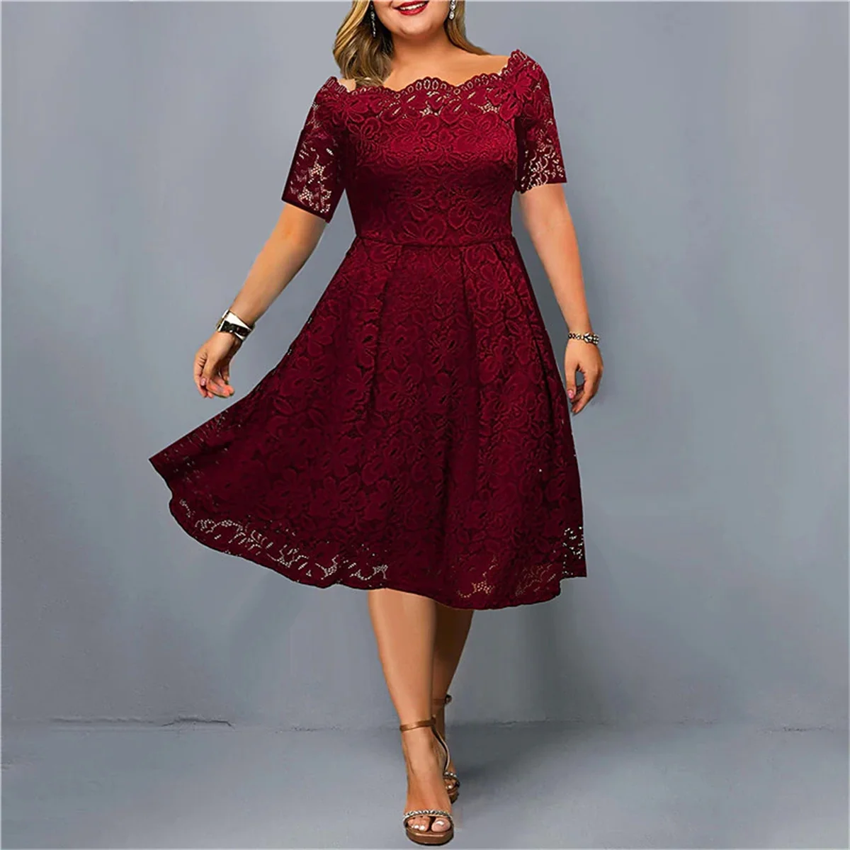 

Платье для матери невесты однотонное с открытыми плечами и коротким рукавом осень весна Красный кружевной вырез официальное миди-платье для вечеринки 2023