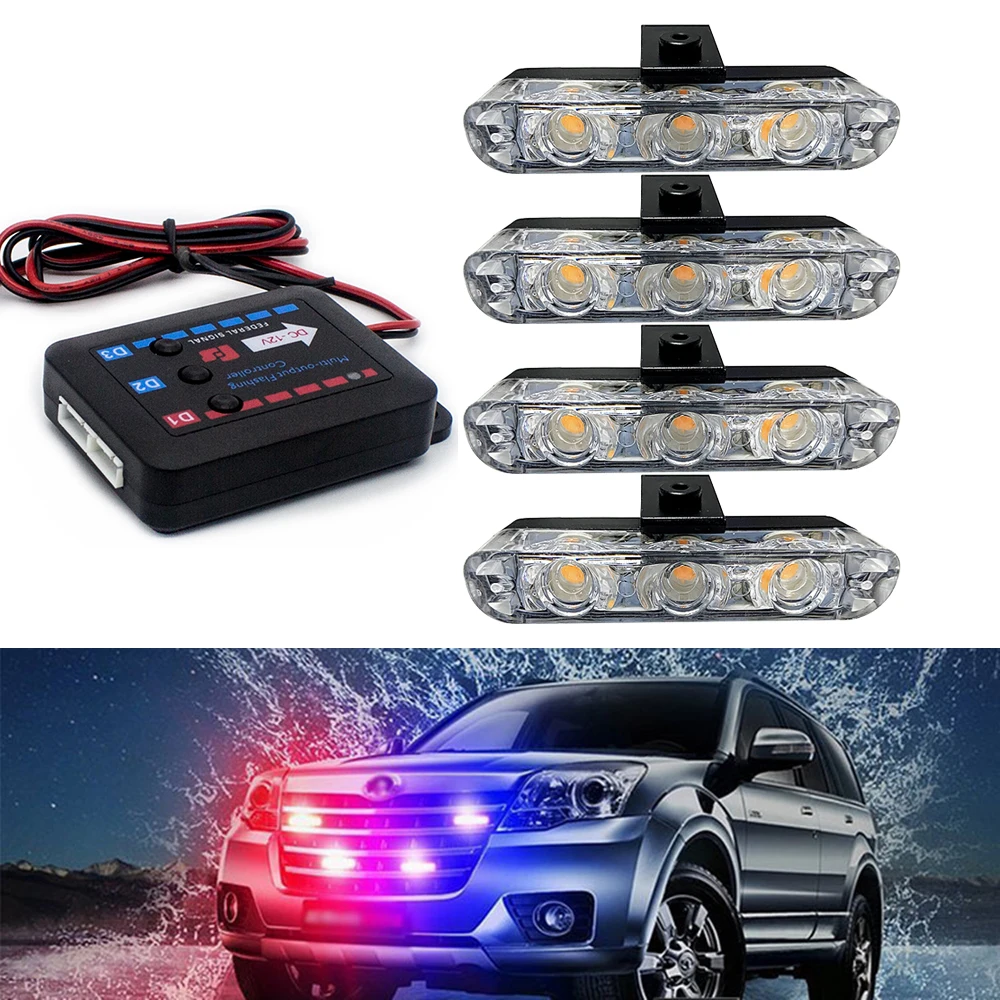 3 LED Car Strobe Light Vehicle Front Grille Clip Emergency Flashing