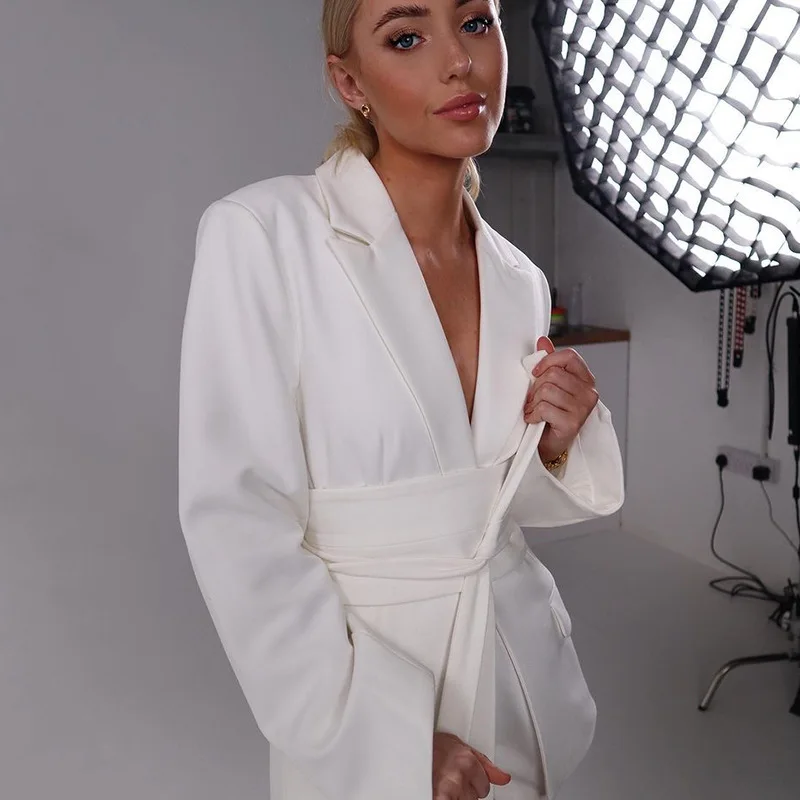 Women's Spring 2023 Fashion Blazer Slim Fit Business Blazer and New Tie Waist Jacket Retro Khaki Black Ladies Cardigan Tops