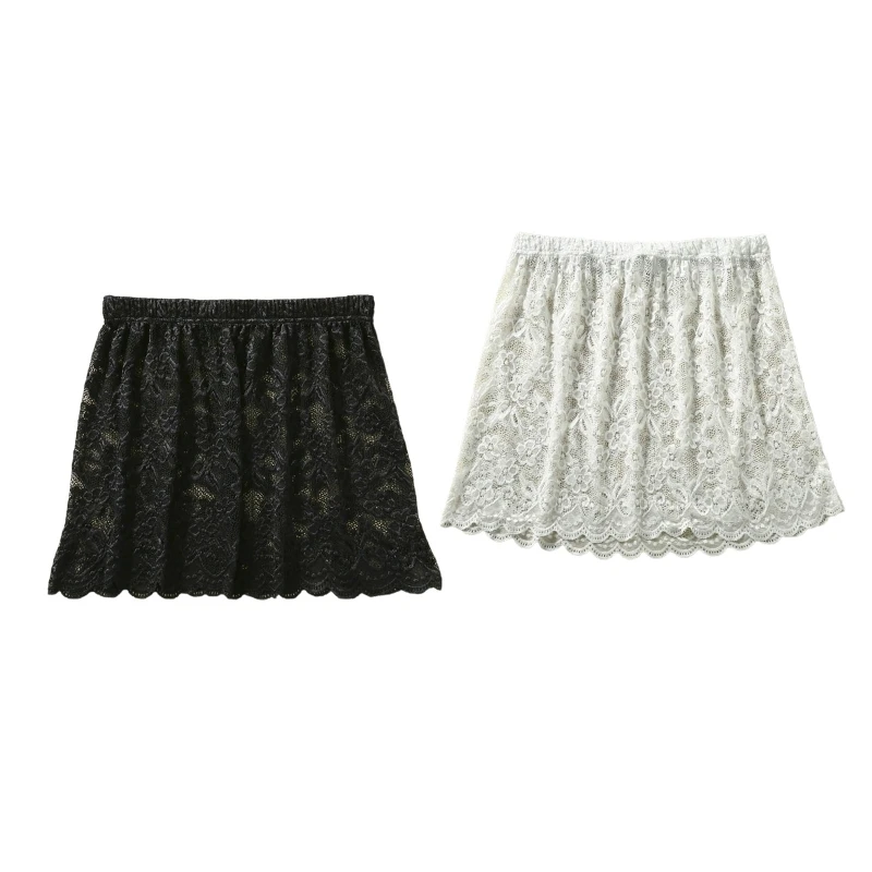 

Women Sweet Floral Lace Layering Faux Top Mini Skirt Pleated A-Line Flare Fake Hem Shirt Extender Half-Length Splitting