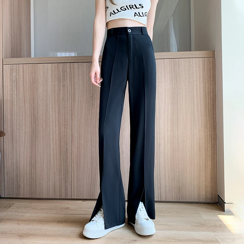 Women Black Front Slit Pants Chic Fashion Office Lady Long Straight Trousers Elastic High Waist Pencil Loose Trousers Jumpsuits fashion gothic high waist jeans women chic side hit color wide leg denim pants female harajuku y2k streetwear straight trousers