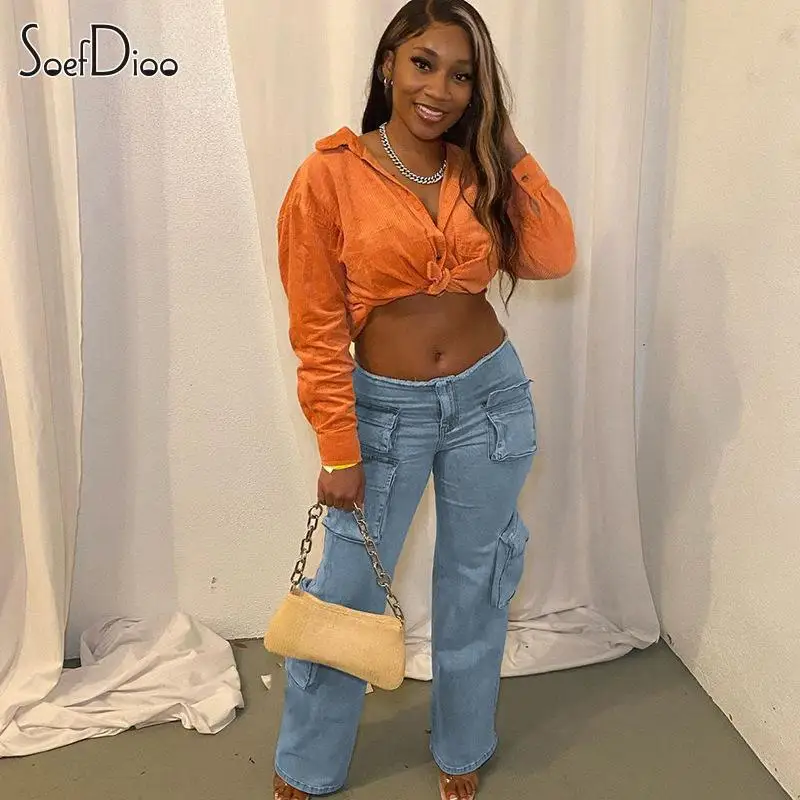 

Soefdioo Fashion Multi-Pocket Low Waist Wide Leg Cargo Denim Pants Women 2023 Hipste Streetwear Safari Straight Jeans Trousers