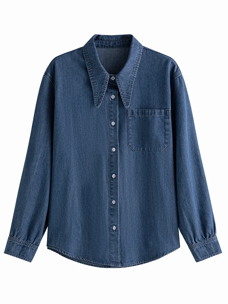 FSLE Blue Denim Solid Casual Shirt Women'S Design Sense Small French Large Pointed Neck Long-Sleeved Shirt For Women Office Lady