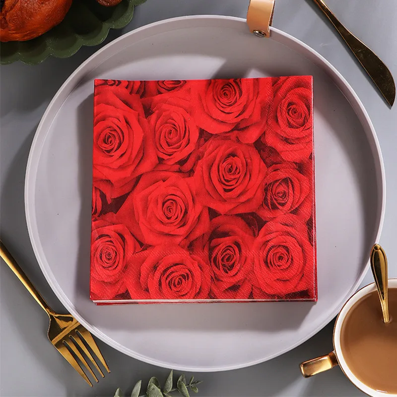 Lover Heart Rose Printed Paper Disposable Wedding Handkerchief Tableware Napkin Tissues 20Pcs/pack Party Decoration