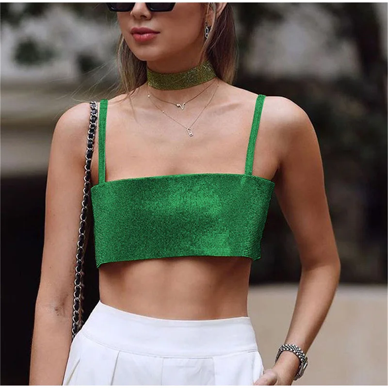 corset t shirt Glitter Club Crop Top Women Off Shoulder Tank Cami Clothing Super Short Party Night Shiny Bling Sexy Sleeveless Tube Tops Y2K green bra