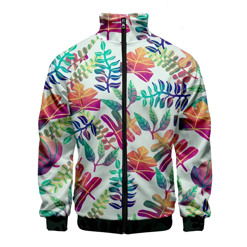 thumbnail image 1 of Chaqueta con cuello alto y cremallera con estampado digital 3D de hojas hawaianas para hombre y mujer, chaquetas de manga larga, ropa de calle de moda para hombre, 1 of 4