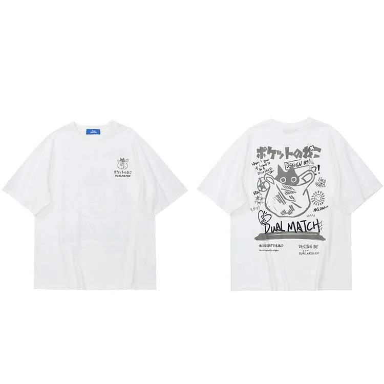 Hip Hop T-Shirt Men Streetwear Japanese Kanji Funny Cat