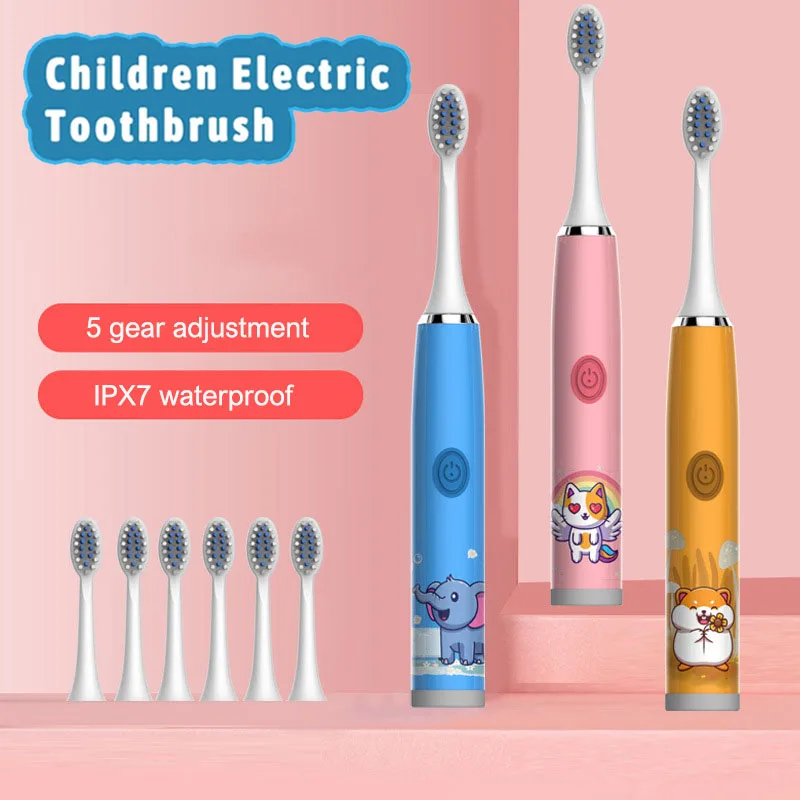 Escova de Dentes Elétrica Recarregável Usb Infantil Escova Colorida dos Desenhos Animados Automática Ipx7 Impermeável Cabeças de Substituição Crianças Criança