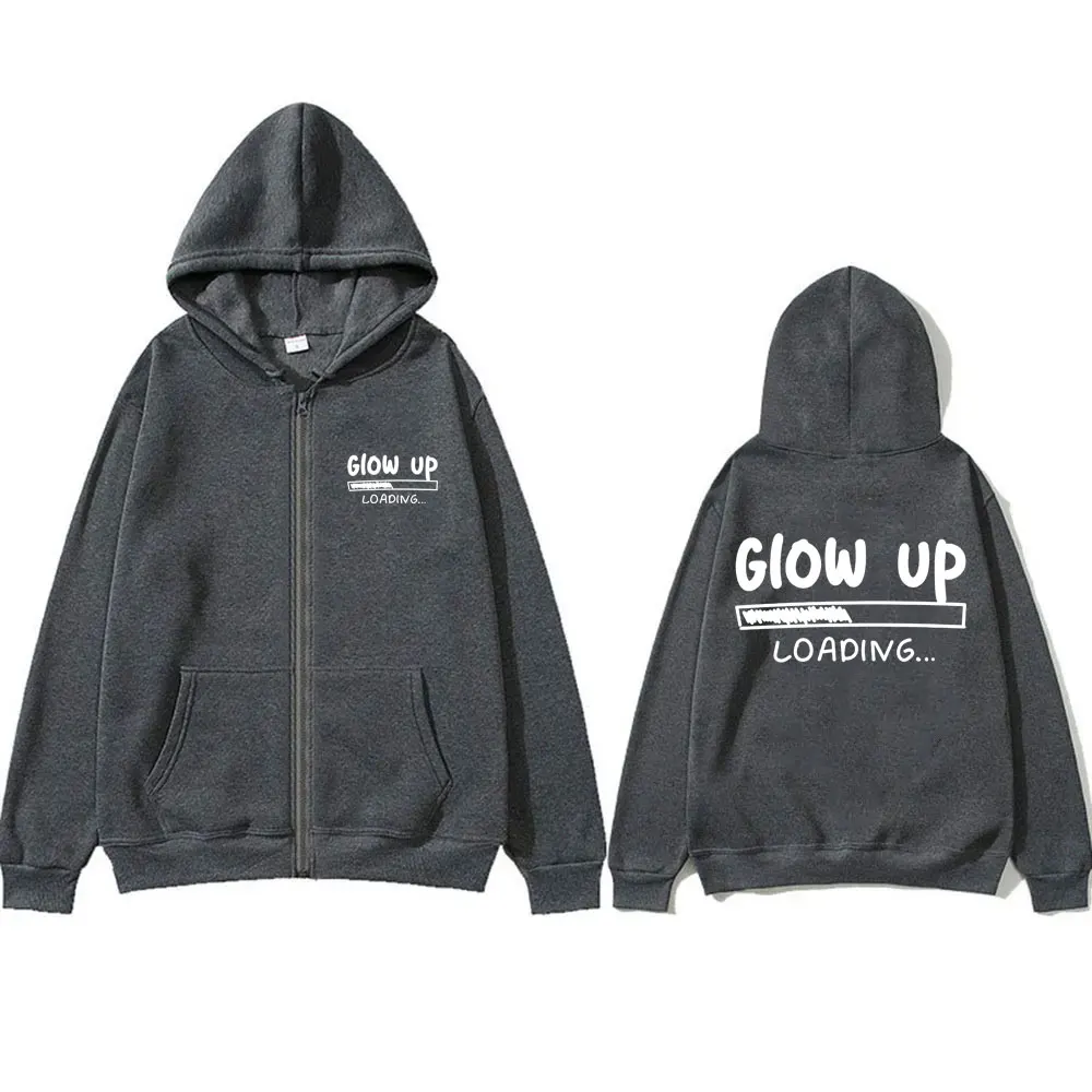 Glow Up Loading Zipper Hoodie Men Funny Fitness Workout Hoodies Male Weight Lifing Inspirational Gym Pump Cover Zip Up Jacket