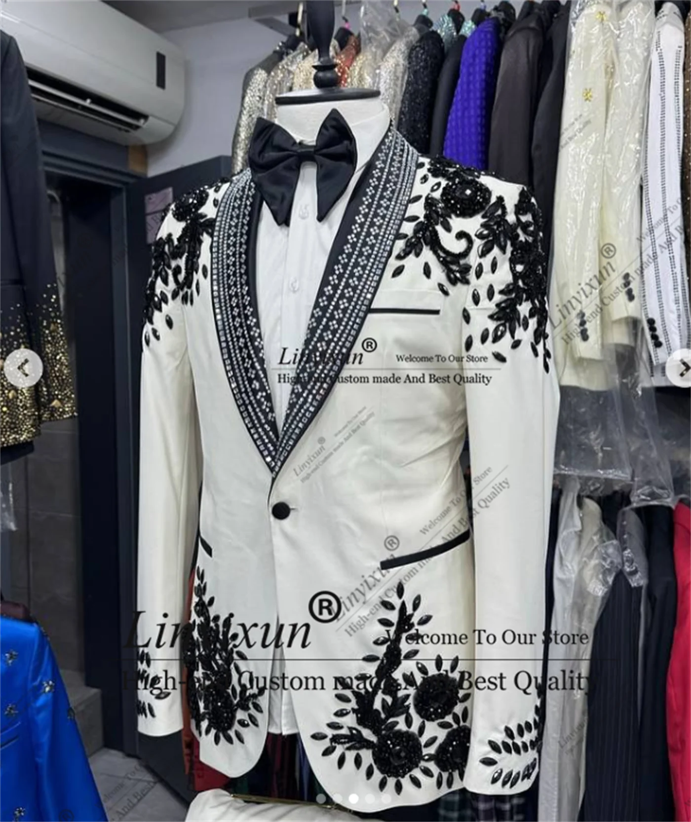 Shiny Jewelry Ornament Tuxedos Men Suits 2 Pieces Wedding Groom Dinner Party Male Prom Blazers Slim
