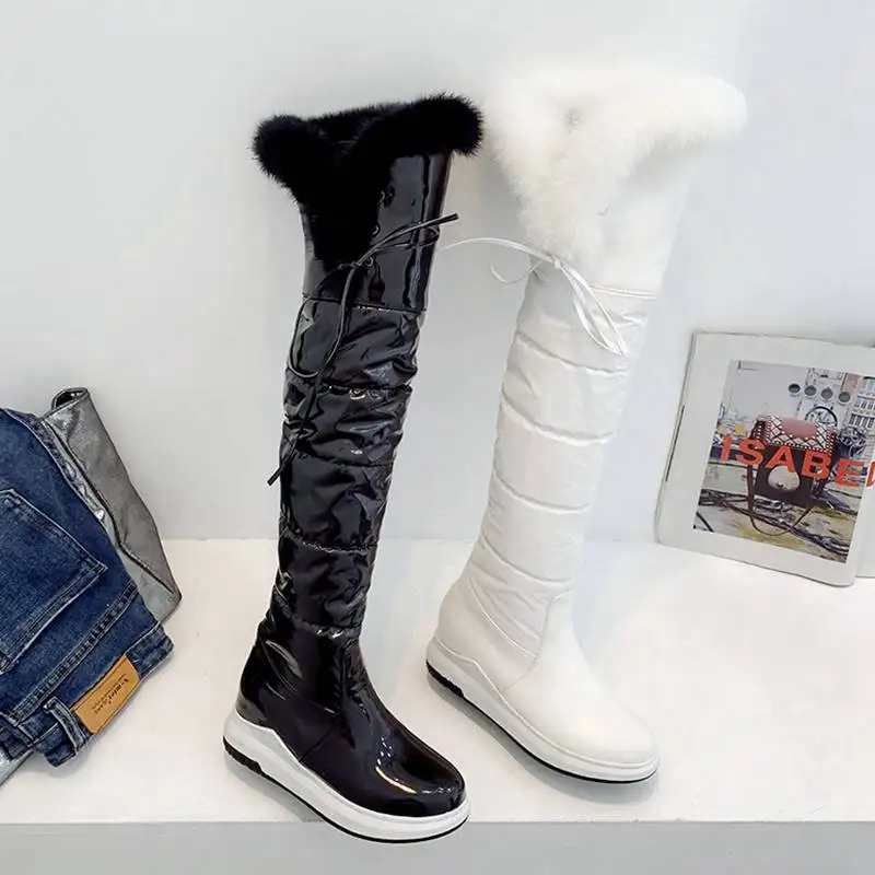 

ASILETO Womans Thigh Boots Winter Snow Shoes Thick Heels Down Slip On Big Size 42 43 Plush Furry Warm Waterproof Booty Concise