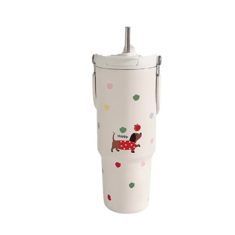 900ML Cute Insulated Tumbler Coffee Cup For Girls 316 Stainless Steel Thermo Bottle Travel Mug Vacuum Flask With Handle Straw