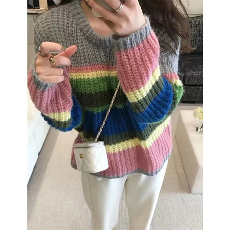 Women Knitted Sweater Long Sleeved Rainbow Striped Pullover