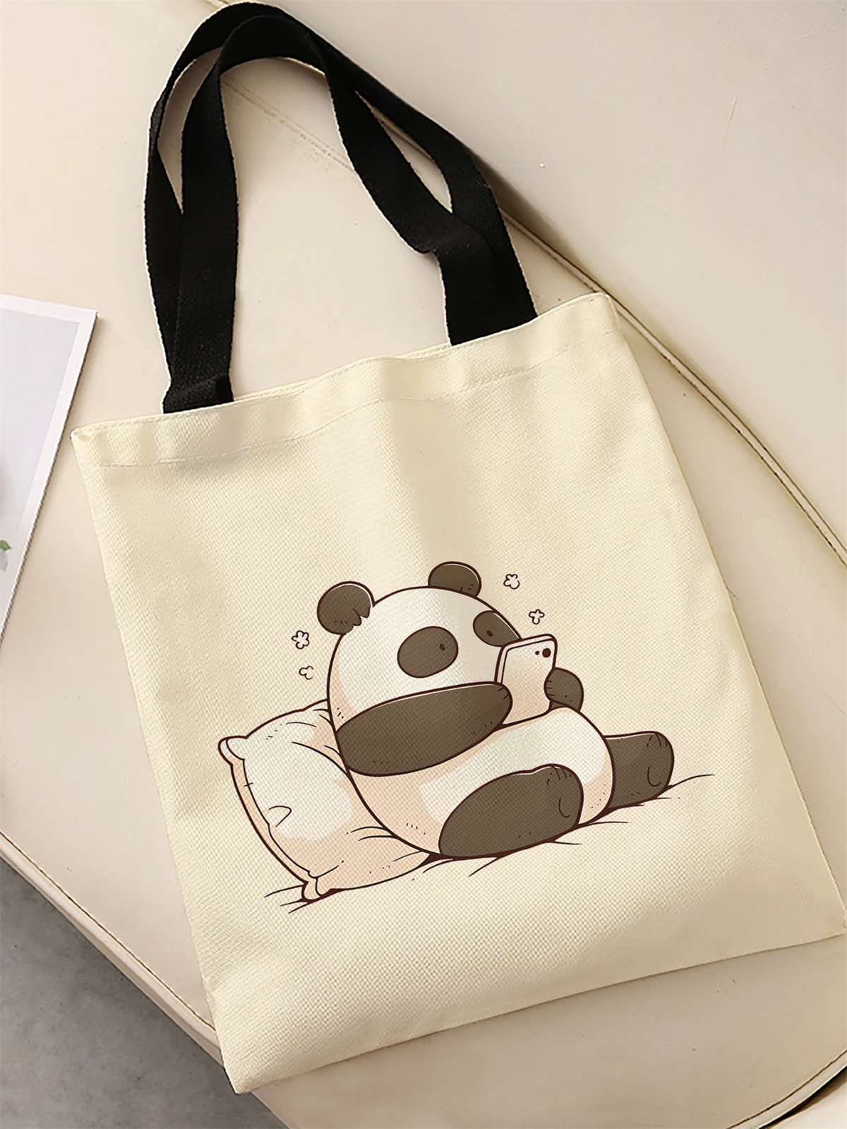 Panda pattern printed casual handbag, reusable fashionable backpack, multifunctional handbag, canvas shopping bag