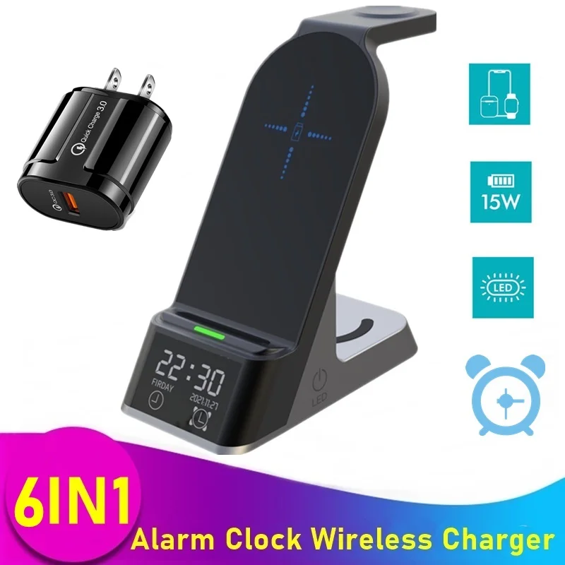 6in1 Alarm Clock Wireless Charger For Apple Watch Airpods Pro 15W Fast Charging Dock Station For
