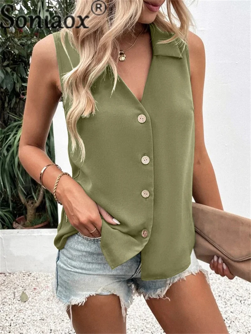 Women's Single-breasted Splicing Lapel Neck Shirt Summer Sleeveless Chiffon Blouse Ladies Solid Color Casual Commuter Loose Tops