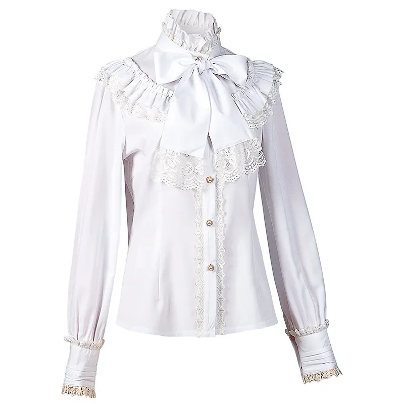 Gothic Retro Long Sleeve Shirt Women High Collar Bow Lace Lolita White Shirt Blouse Victoria Fashion Button Tops Kawaii Clothes