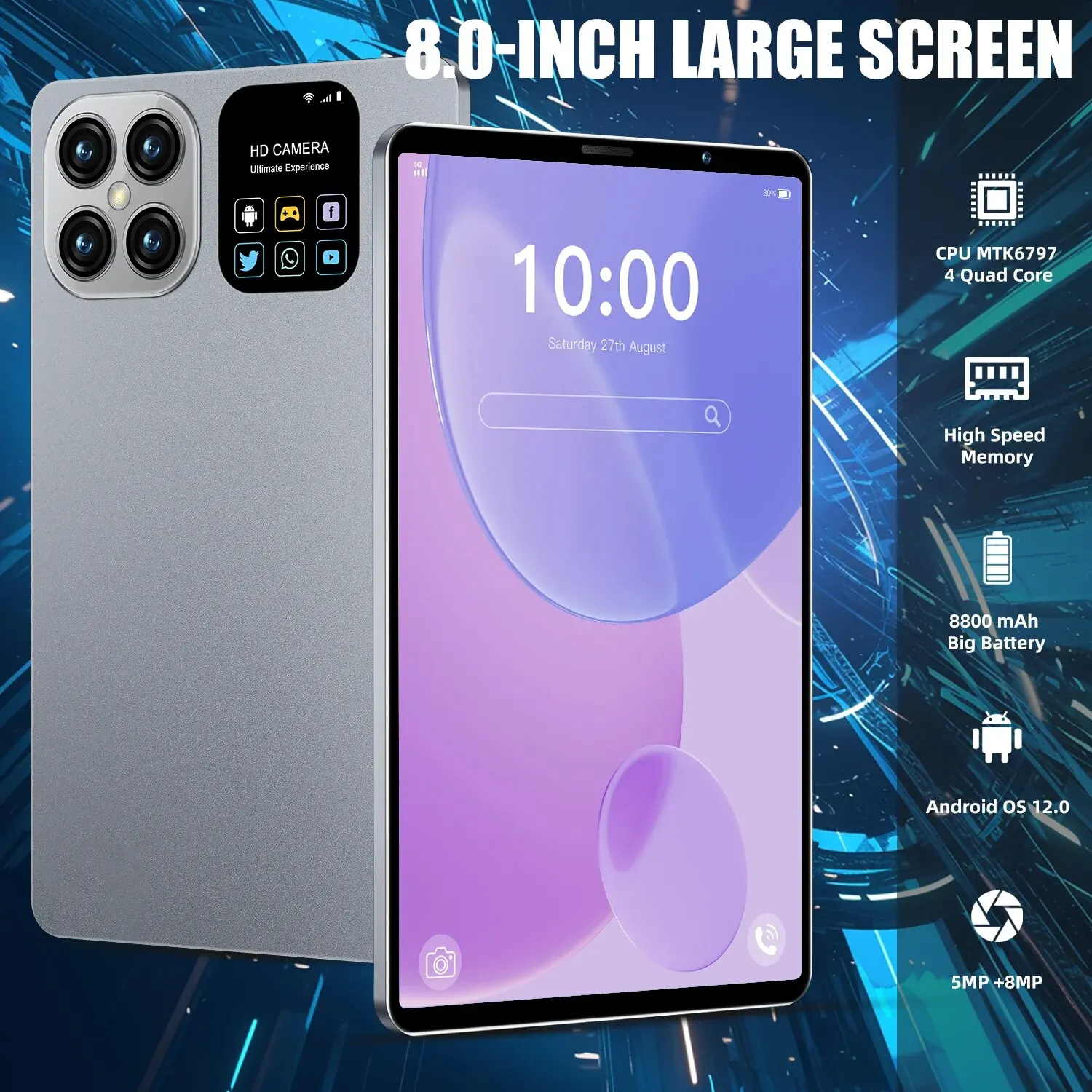 듀얼 SIM HD 스크린 터치 폰, 정품 태블릿, 안드로이드 12, 8 인치 GPU, 쿼드 코어, 5MP, 13MP, 3GB RAM, 16GB ROM, 터치 스크린 패드, 8800mAh 