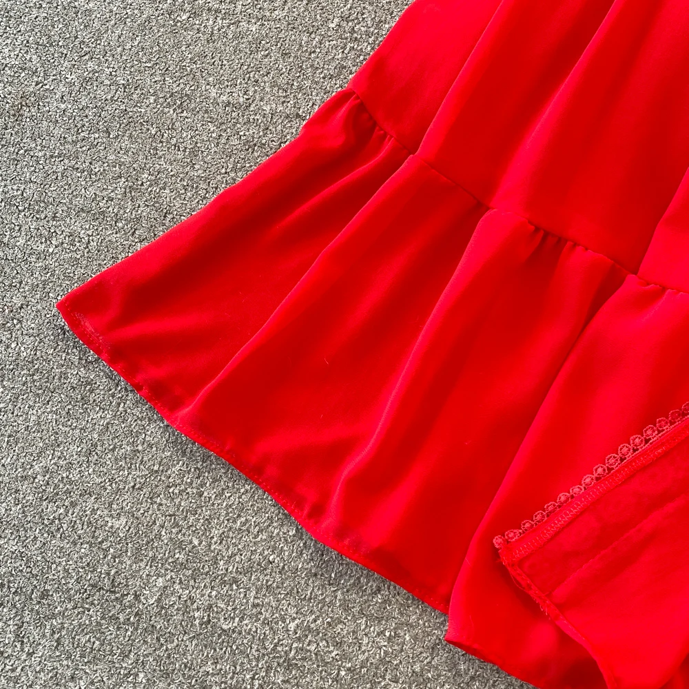 New Women Vintage Party Dress Summer Puff Sleeve Sexy V Neck Lace Single-breasted Long Dresses Ladies A Line Elegant Long Robe