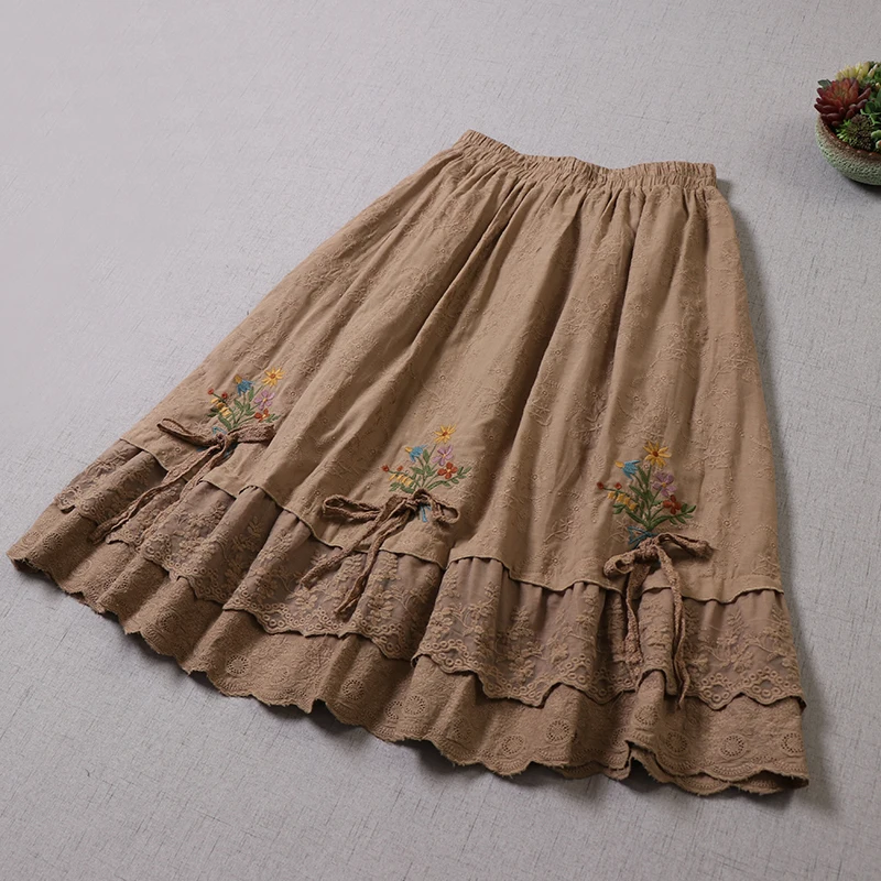 Sweet Cute Japan Style Cotton Embroidered Skirt Loose Mori Girl Embroidered Bandage All-match Age-reduction A-line Skirt pink skirt