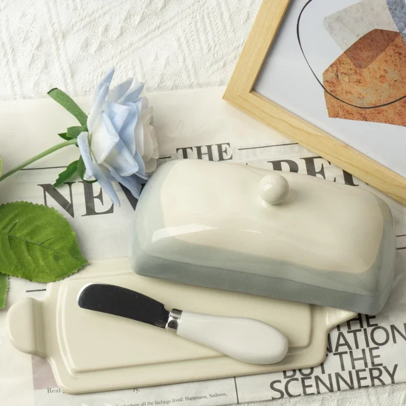 Ceramic Butter Container Box with Lid Restaurant Sealed Storage Box Butter Keeper Cheese Boxs Slicer Dish Tableware