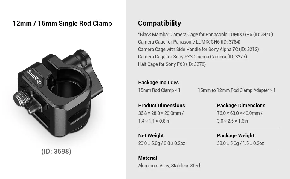 Description Picture 4 of itemSmallRig 12mm/15mm Single Rod Clamp Works with SmallRig Cage to Provide Follow Focus Solution for Complete Shooting System 3598