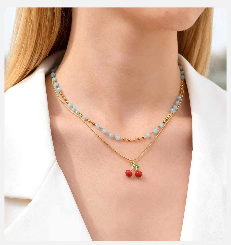 Vnox Edelstahl Kirschfrucht Doppelschichtige Halskette, Hellblaue Spacer-Perlen Runde Schlangenkette Kirsch-Halskette für Frauen – Detail 2
