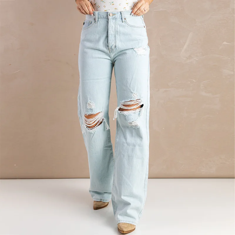 

Spring Unif 2022 Womens Fashion Sky Blue Washed Ripped Knee Wide Legs Jeans Trendyol Women Fairy Grunge Vintage Street Wear