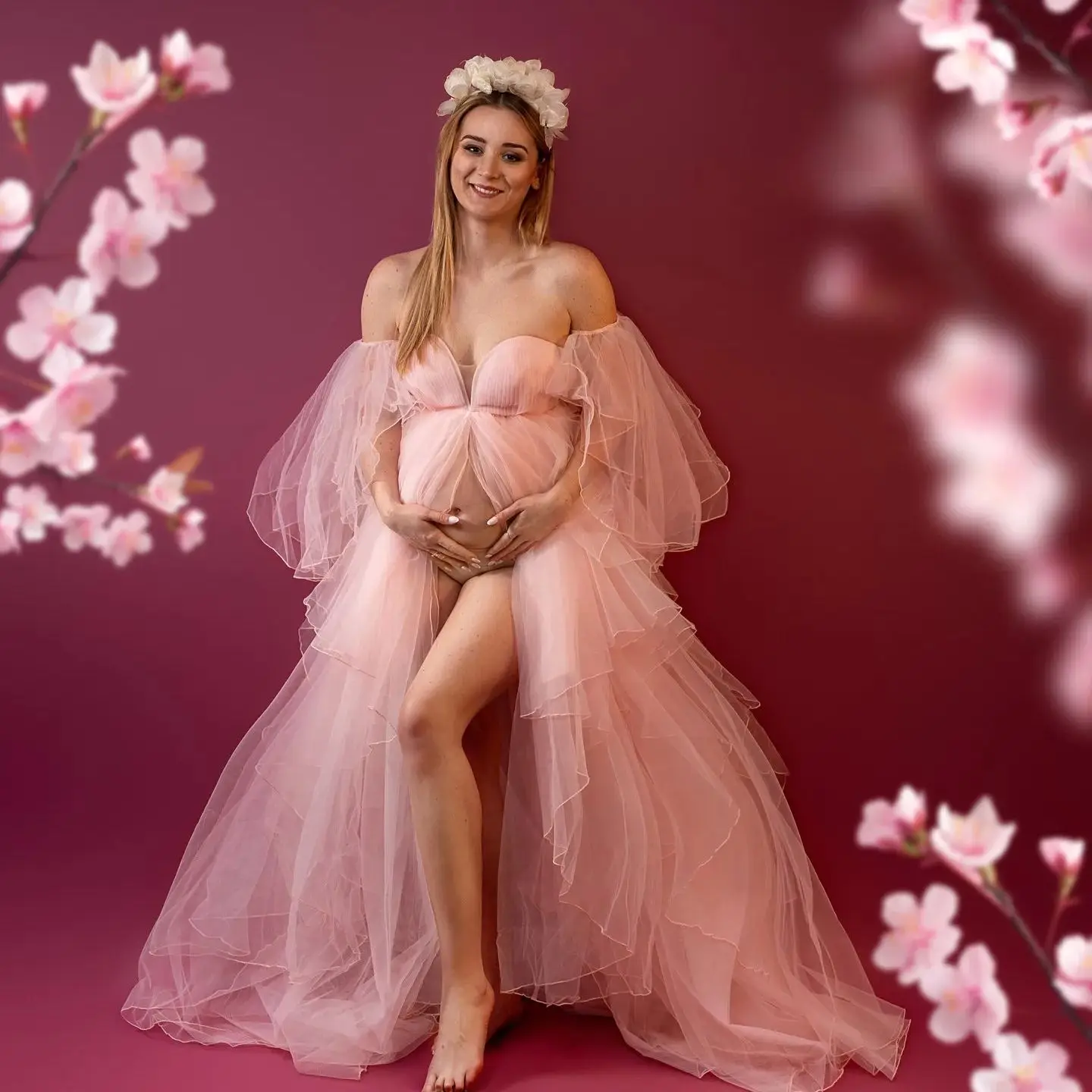 

Простое розовое платье для беременных с отстегивающимися рукавами платья для беременных женщин с разрезом спереди тюлевые платья для малышей