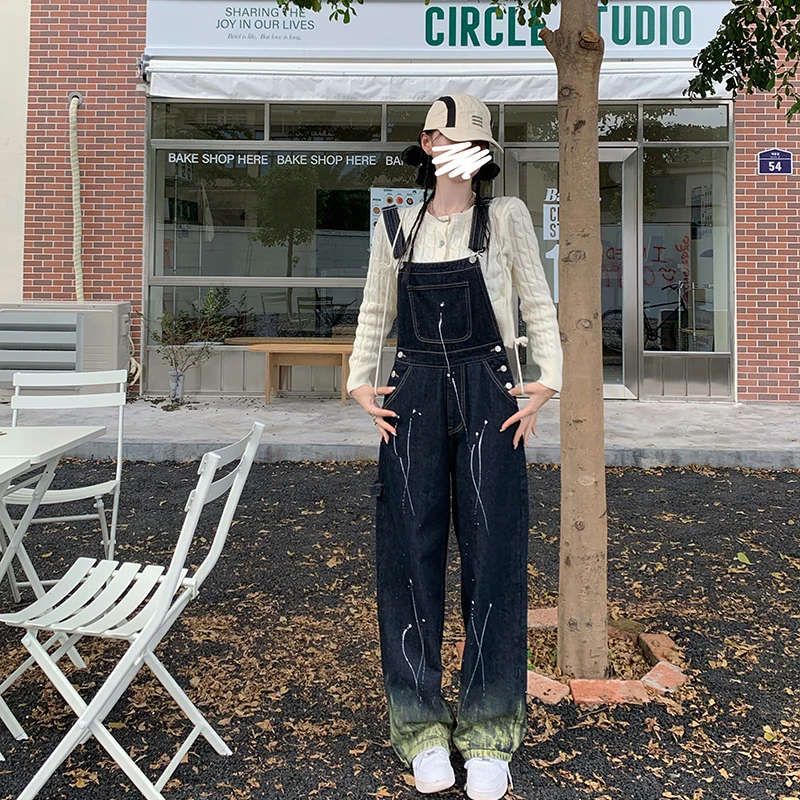 Streetwear Vintage Washed Denim Jumpsuits Women Spring Autumn Loose Straight One Piece Outfits Wide Leg Pants Femme