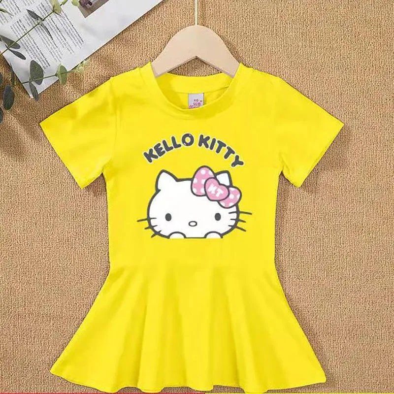 thumbnail image 1 of Hello Kitty algodón nuevo vestido de manga corta niños falda con estampado de dibujos animados niñas verano camiseta Top falda de princesa ropa para niños, 1 of 5