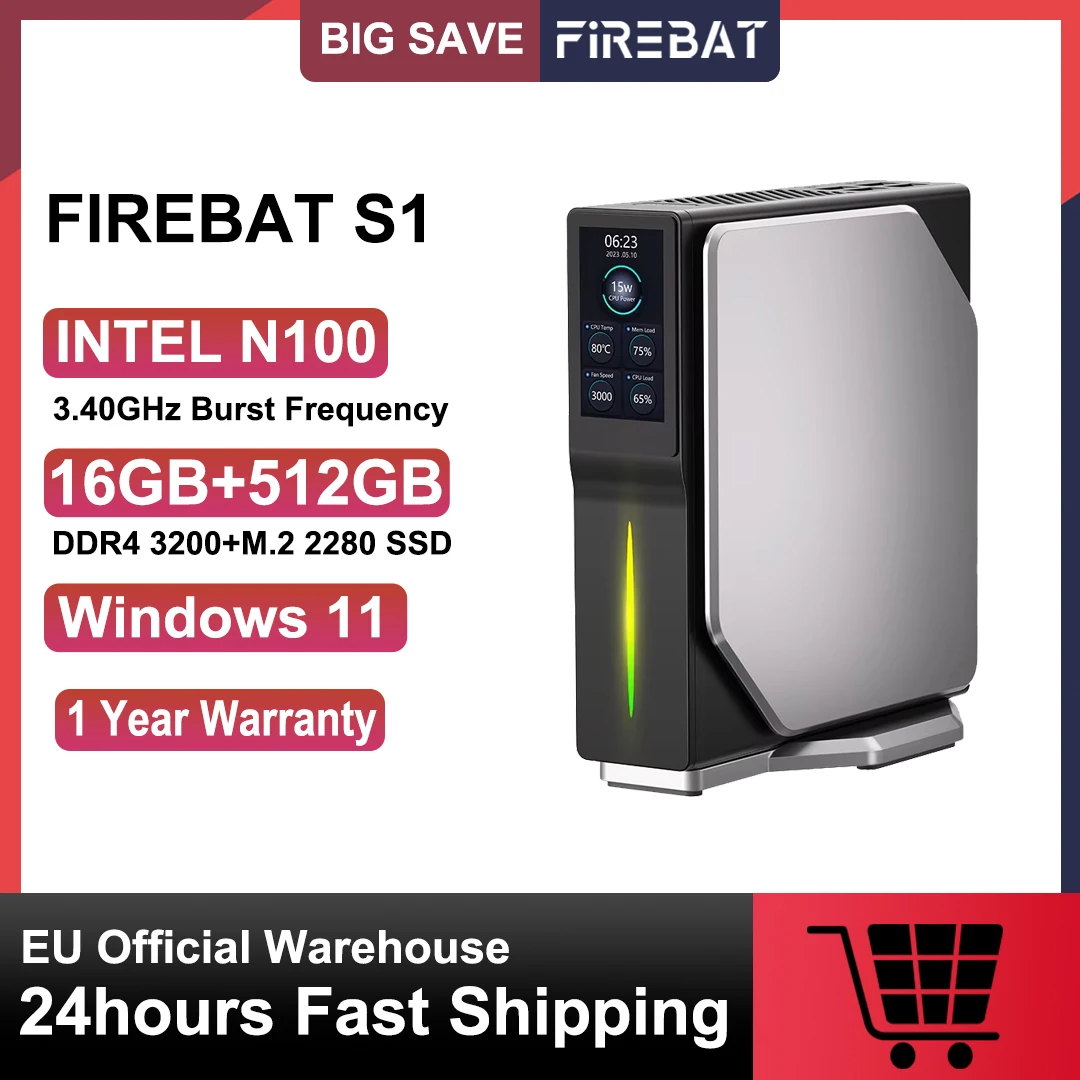 FIREBAT S1 NEW Intel N100 Mini PC DDR4 16GB RAM 512GB SSD