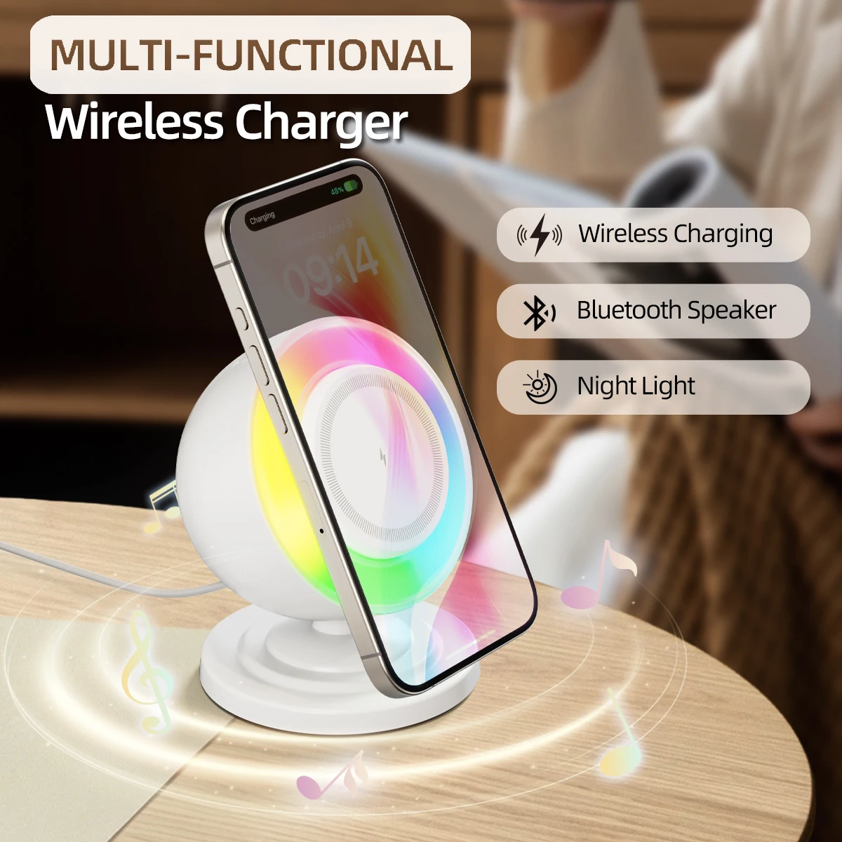 RGB Magnetic Wireless Charger Phone Holder Bluetooth Speaker For Magsafe iPhone 17 16 15 14 13 12 Pro Max Fast Charging Station
