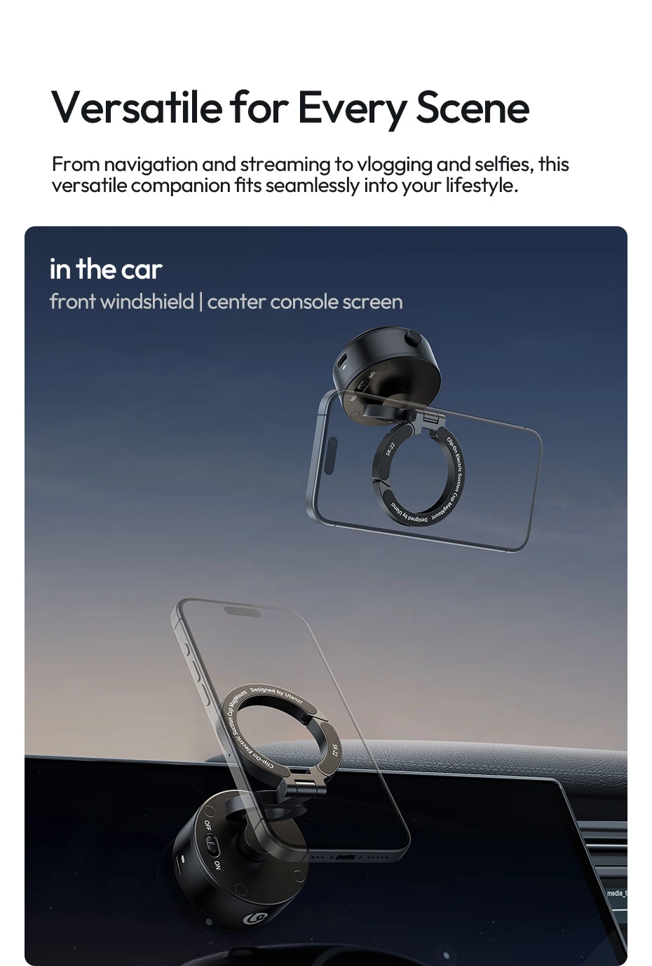 Clip-On Electric Suction Cup MagMount Phone Mount for iPhone 16 15 14 13 for Wal