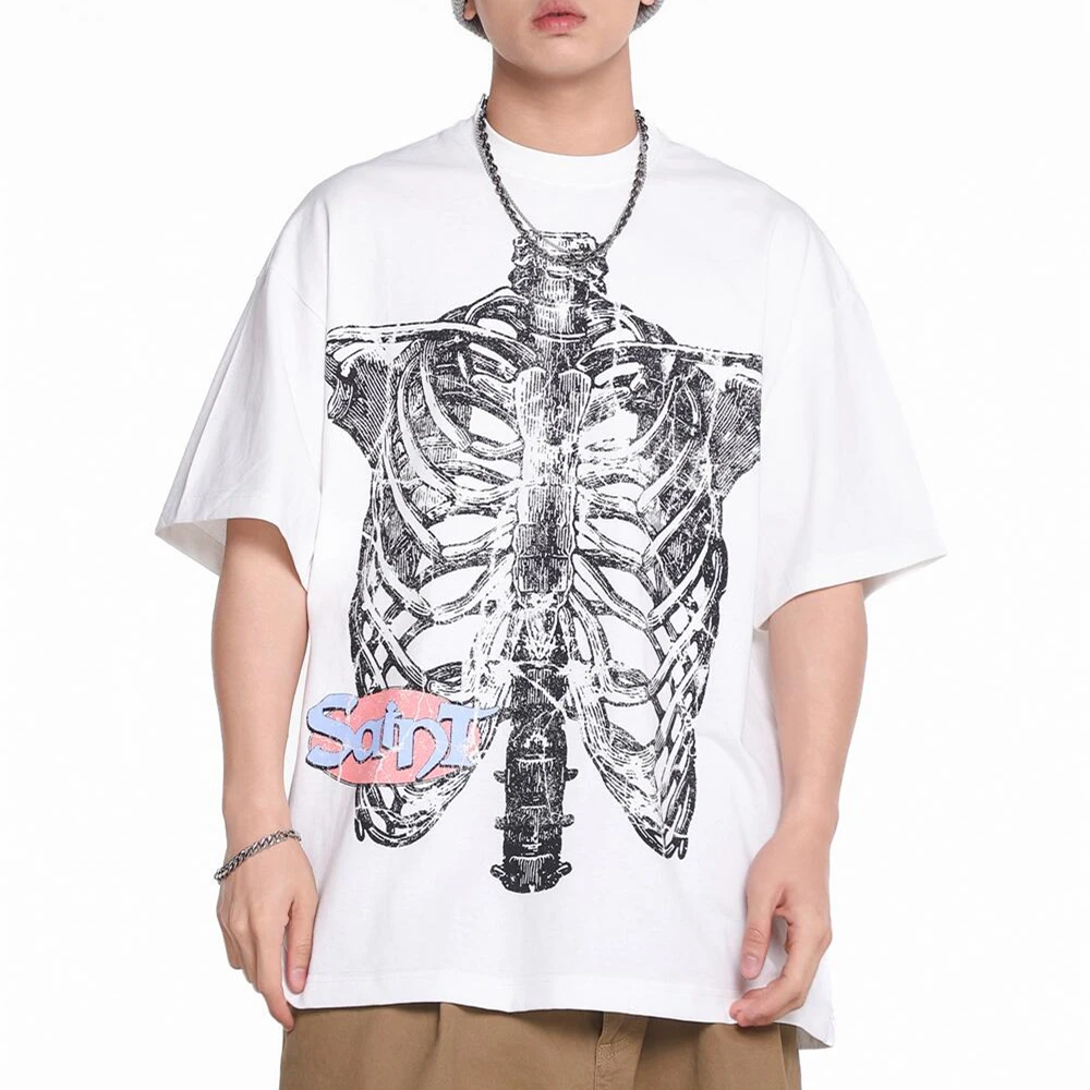 

Yao888 Saint Michael Vintage Skeleton Graphics Print Cotton Tops Casual Streetwear Unisex Loose Short Sleeve T Shirt For Men