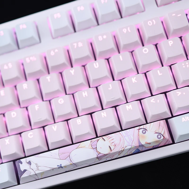 Anime Azul Arquivo Keycaps Grupo 108 Chaves Misono Mika Pbt Tintura Subbed Backlit Desenhos Animados Jogos Ansi 61 87 104 108 - Imagem 3